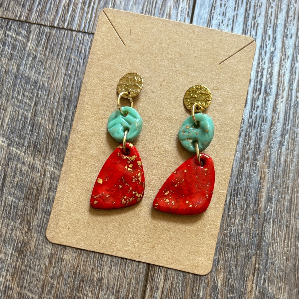 Handcrafted Red and Turquoise Polymer Clay Drop Pierced Earrings